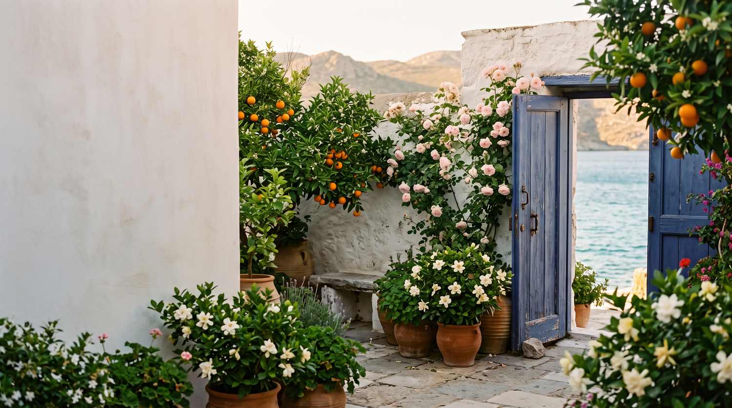 Grădină mediteraneană cu portocali, trandafiri și gardenii lângă mare