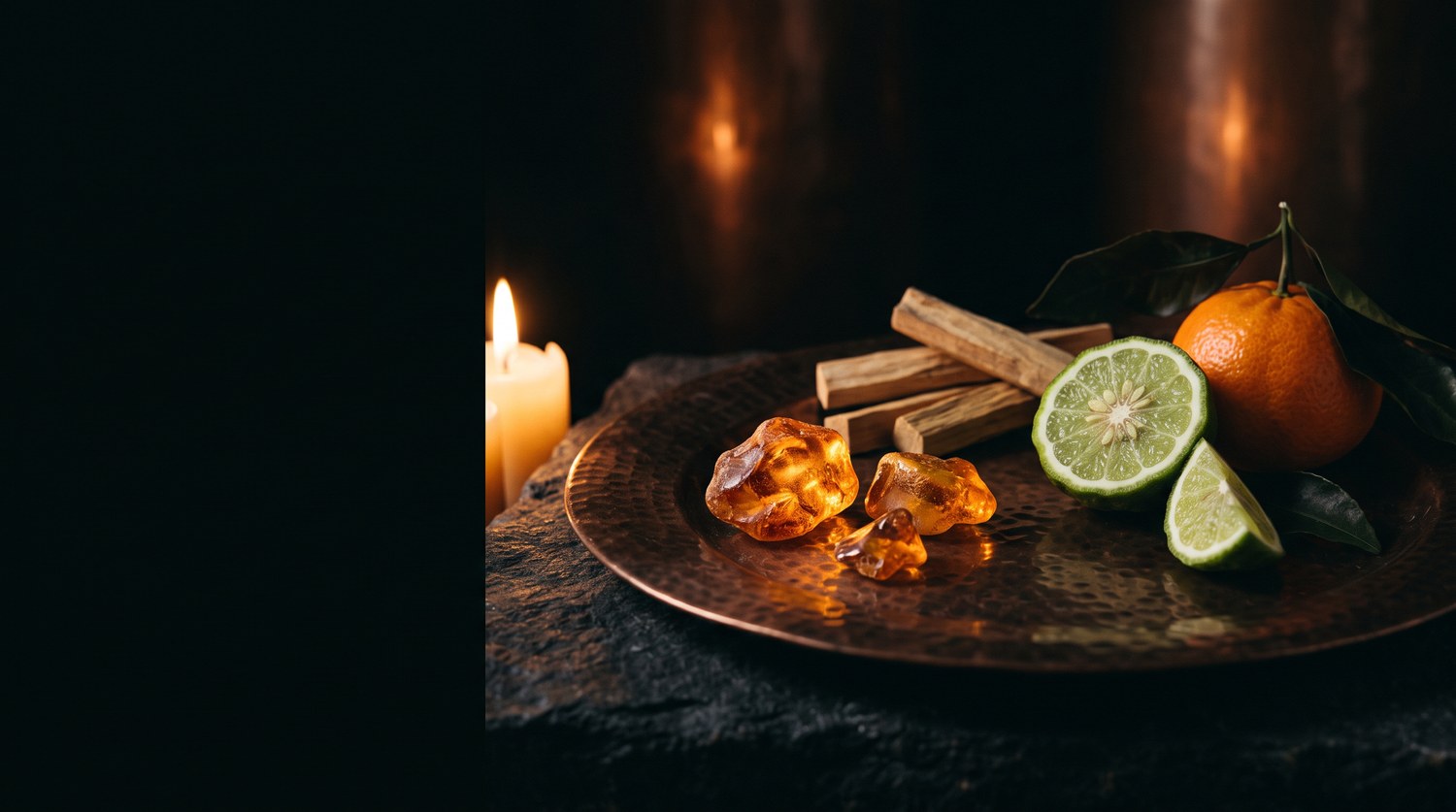 Chihlimbar brut, lemn de santal, bergamotă și mandarină la lumina lumânării